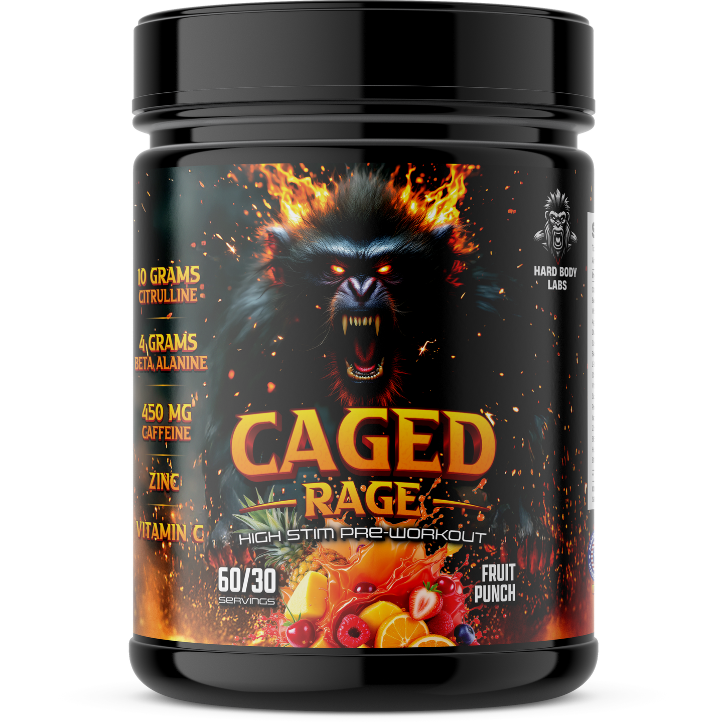 Caged Rage High Stim Pre Workout Fruit Punch Flavor.